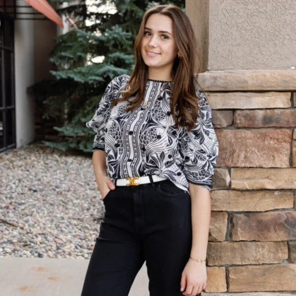 FARM Rio monochrome elegance scarf print blouse S - Picture 2 of 16